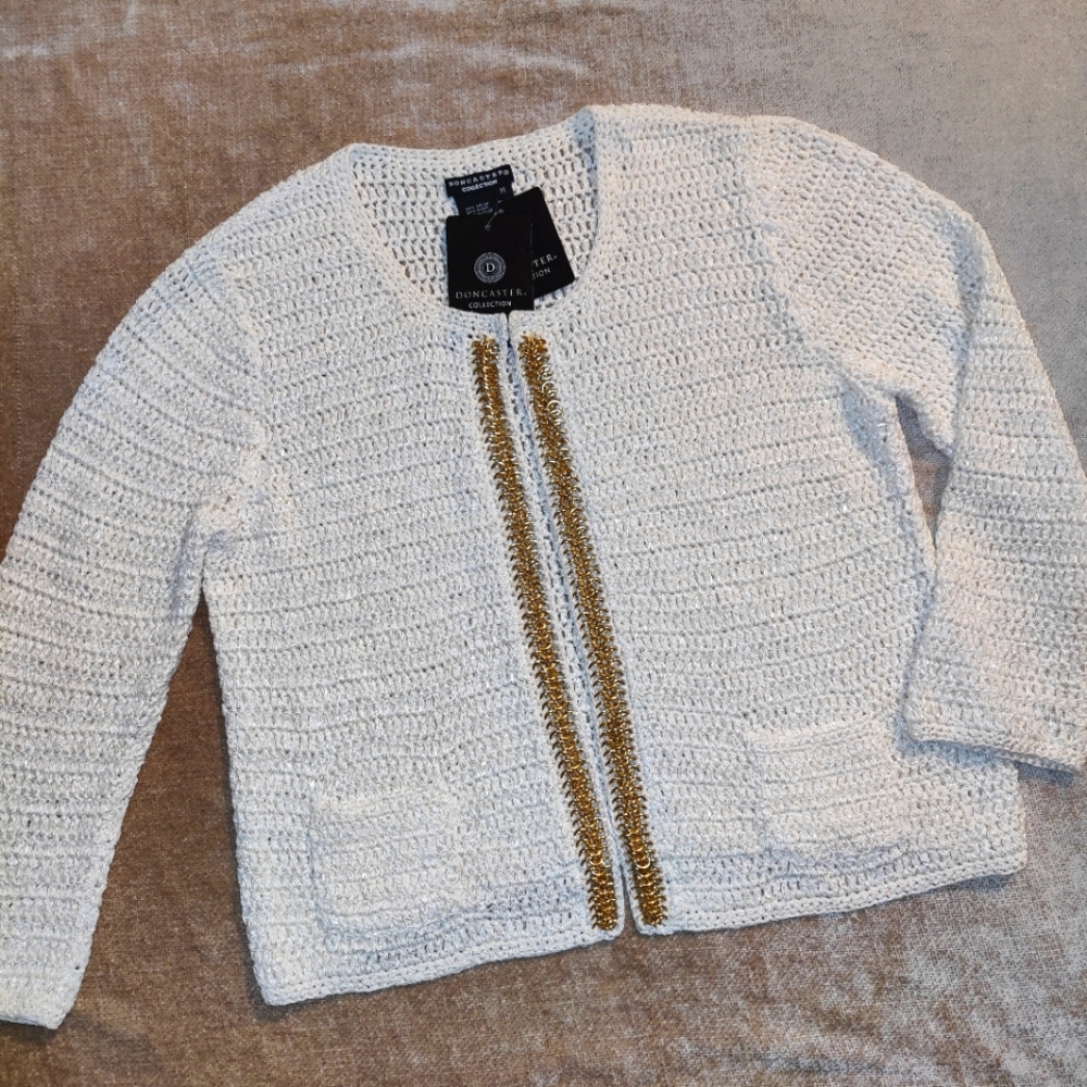 NWT Doncaster Collection Shimmer White Crochet Cardigan with gold-chain fronts